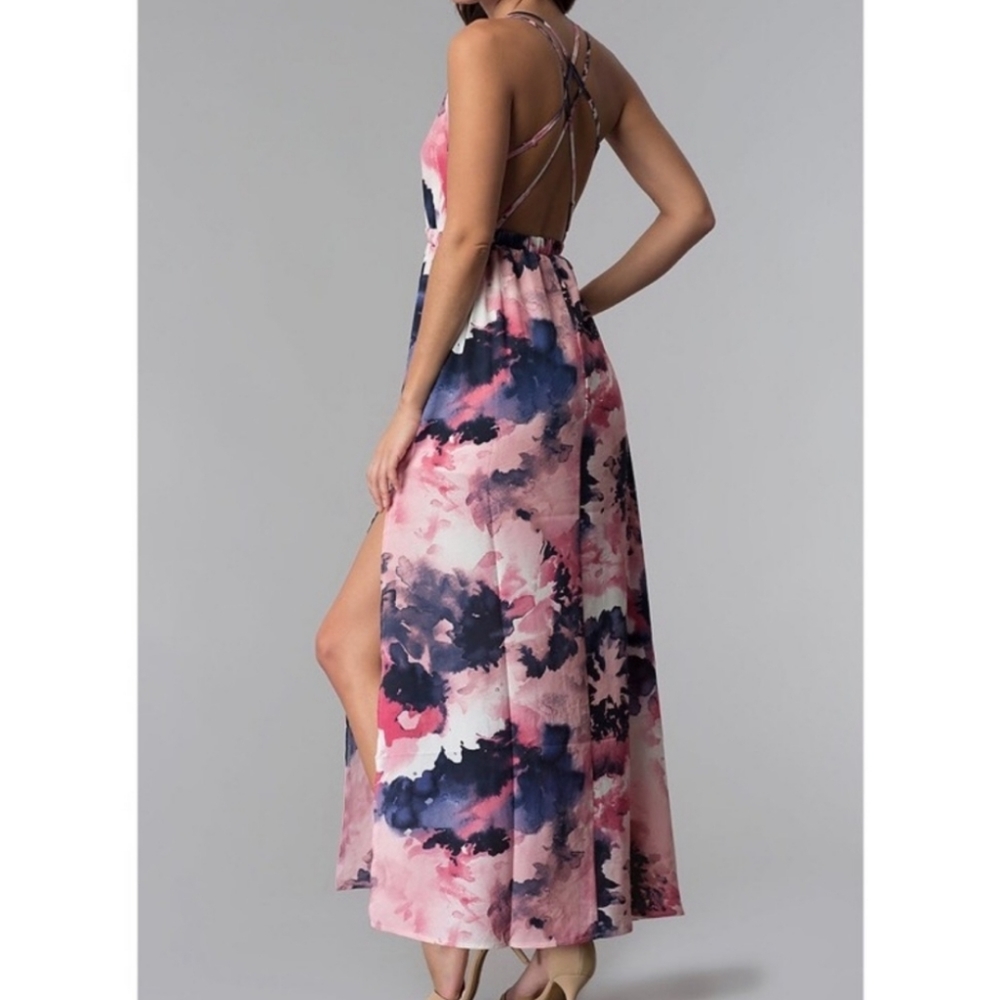 Rokoko by dazz pink blue water color Criss Cross Back Maxi Dress Size Sm…